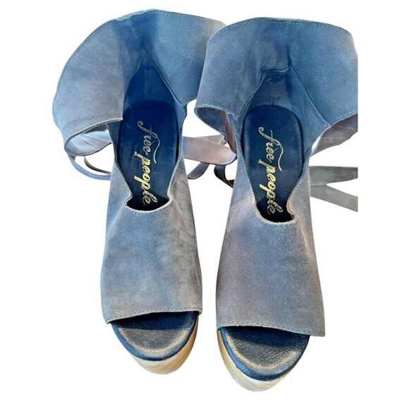 Free People Platform Heels Wood Open Toe Ankle Wrap Gray Suede Size? - Picture 2 of 6